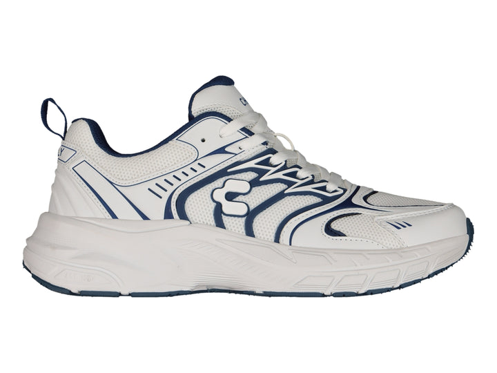 Tenis Charly Fashion Sport color blanco con detalles decorativos en azul marino y suela gruesa.