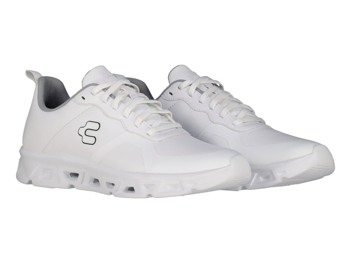 Tenis deportivos Charly Light Sport color blanco con detalles en gris y logo negro lateral.
