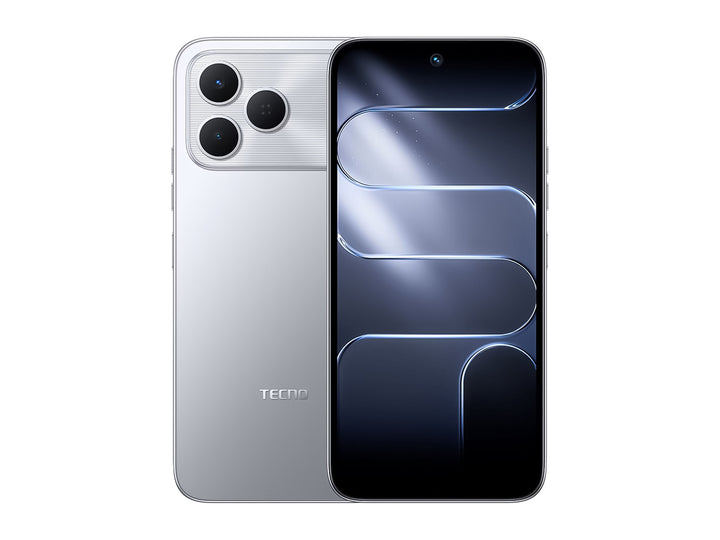 Smartphone TECNO Spark 50 en color plata y negro, vista frontal y posterior.