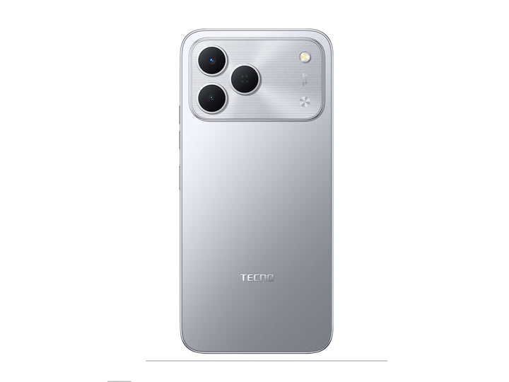 Smartphone TECNO Spark 50 en color plata y negro, vista frontal y posterior.