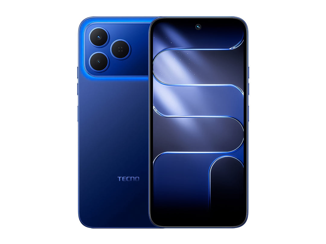 Smartphone Tecno Spark 50 en color azul, vista frontal y posterior sobre fondo blanco.