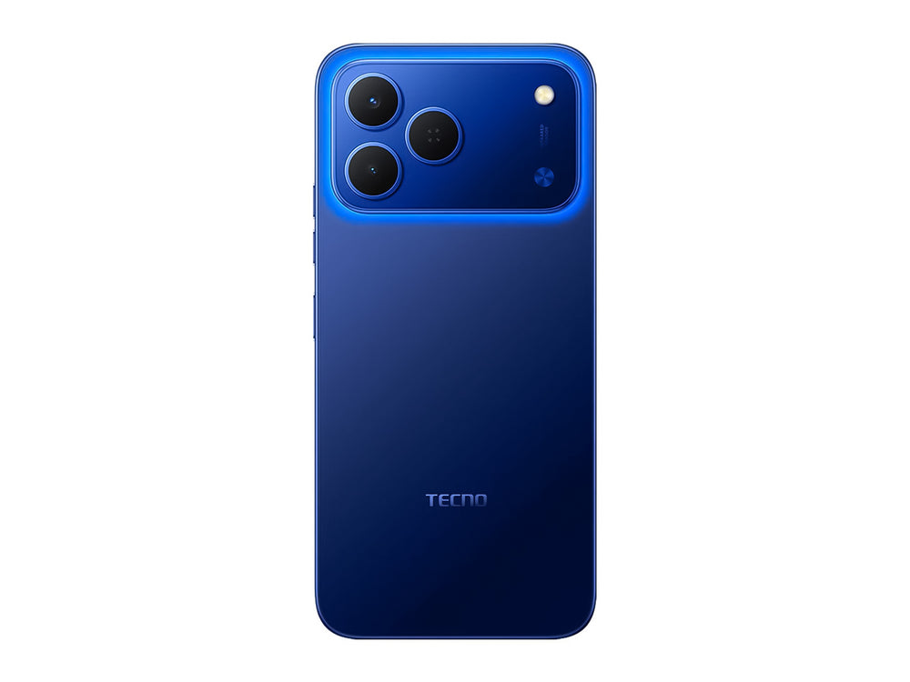 Smartphone Tecno Spark 50 en color azul, vista frontal y posterior sobre fondo blanco.