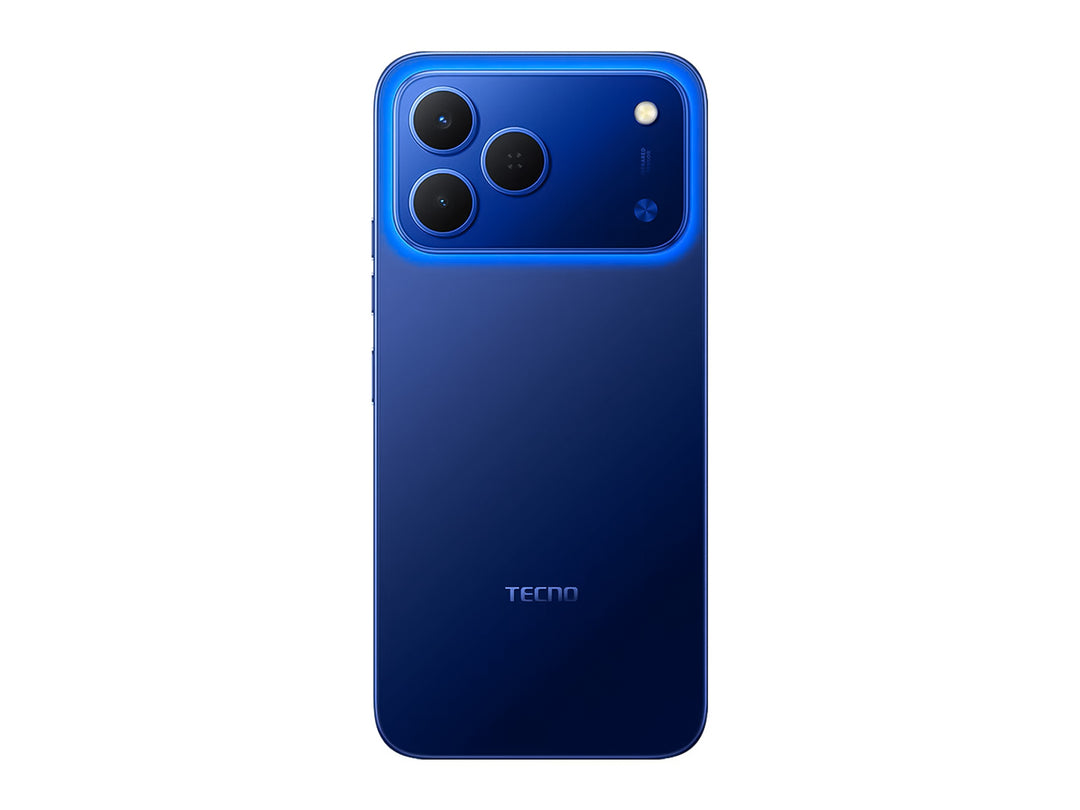 Smartphone Tecno Spark 50 en color azul, vista frontal y posterior sobre fondo blanco.