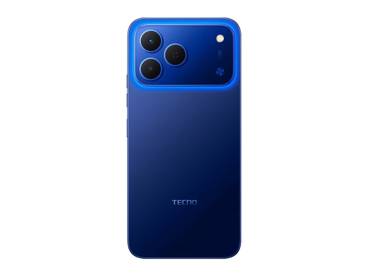 Smartphone Tecno Spark 50 en color azul, vista frontal y posterior sobre fondo blanco.