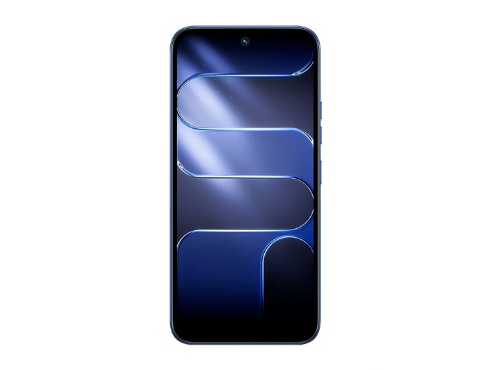 Smartphone Tecno Spark 50 en color azul, vista frontal y posterior sobre fondo blanco.
