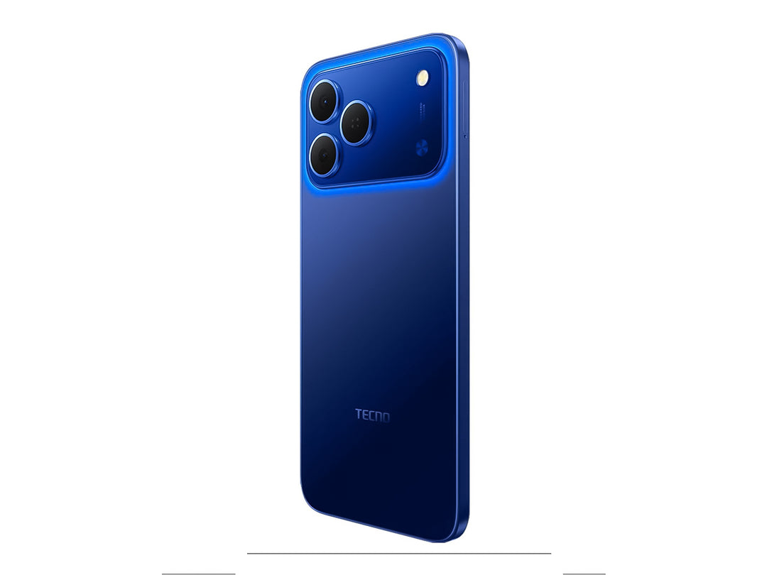 Smartphone Tecno Spark 50 en color azul, vista frontal y posterior sobre fondo blanco.