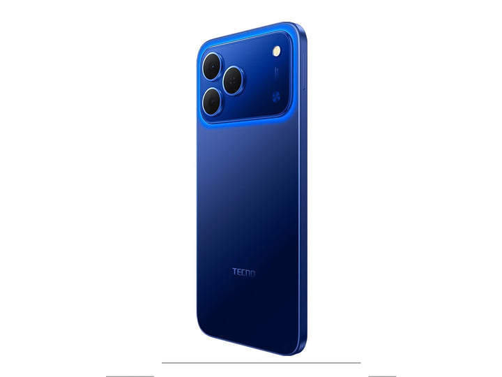 Smartphone Tecno Spark 50 en color azul, vista frontal y posterior sobre fondo blanco.