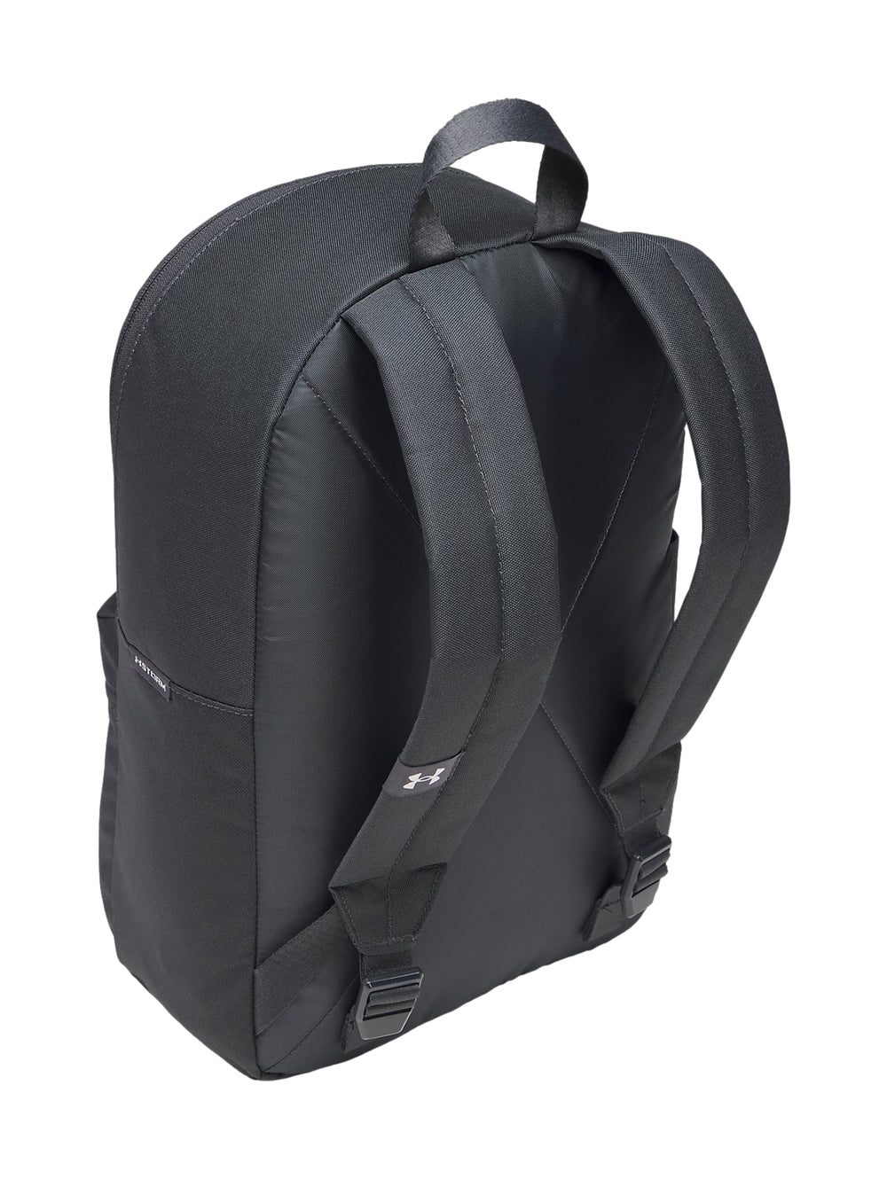 Mochila escolar Under Armour color gris con parches coloridos decorativos en la parte frontal.
