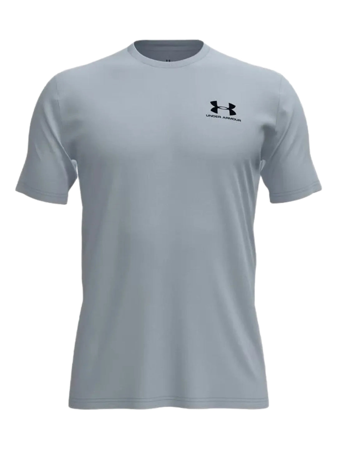 Hombre vistiendo playera deportiva de color gris claro de la marca Under Armour.