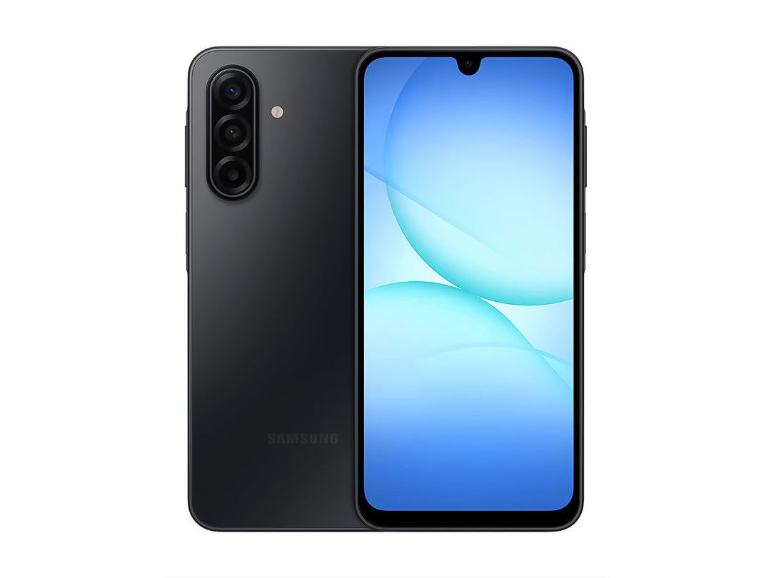Vista frontal y posterior de un teléfono inteligente Samsung Galaxy A27 en color negro.