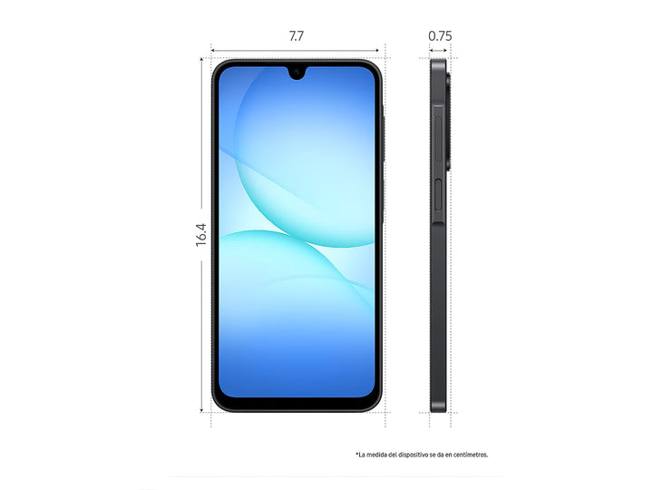 Vista frontal y posterior de un teléfono inteligente Samsung Galaxy A27 en color negro.