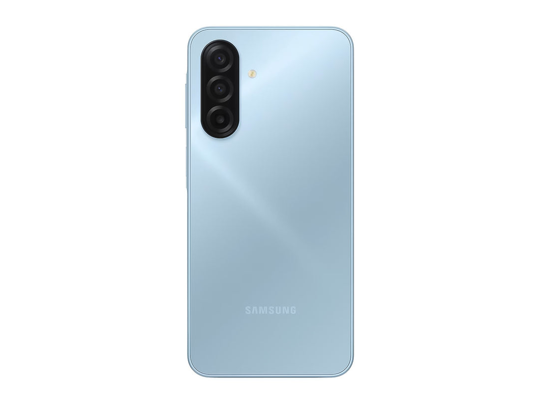 Vista posterior de un celular Samsung Galaxy A27 en color azul claro con módulo de triple cámara trasera.