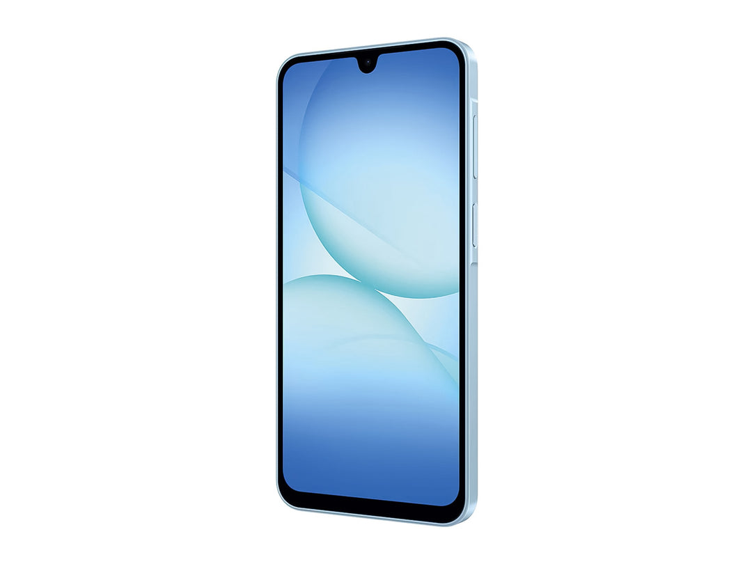 Vista posterior de un celular Samsung Galaxy A27 en color azul claro con módulo de triple cámara trasera.