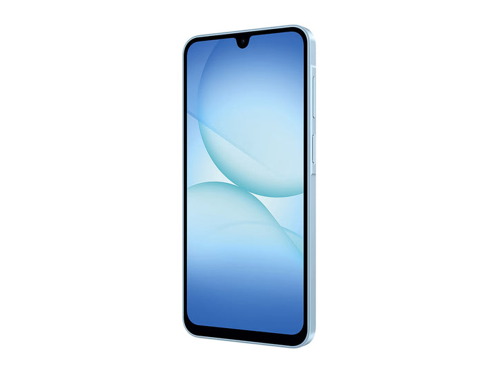 Vista posterior de un celular Samsung Galaxy A27 en color azul claro con módulo de triple cámara trasera.