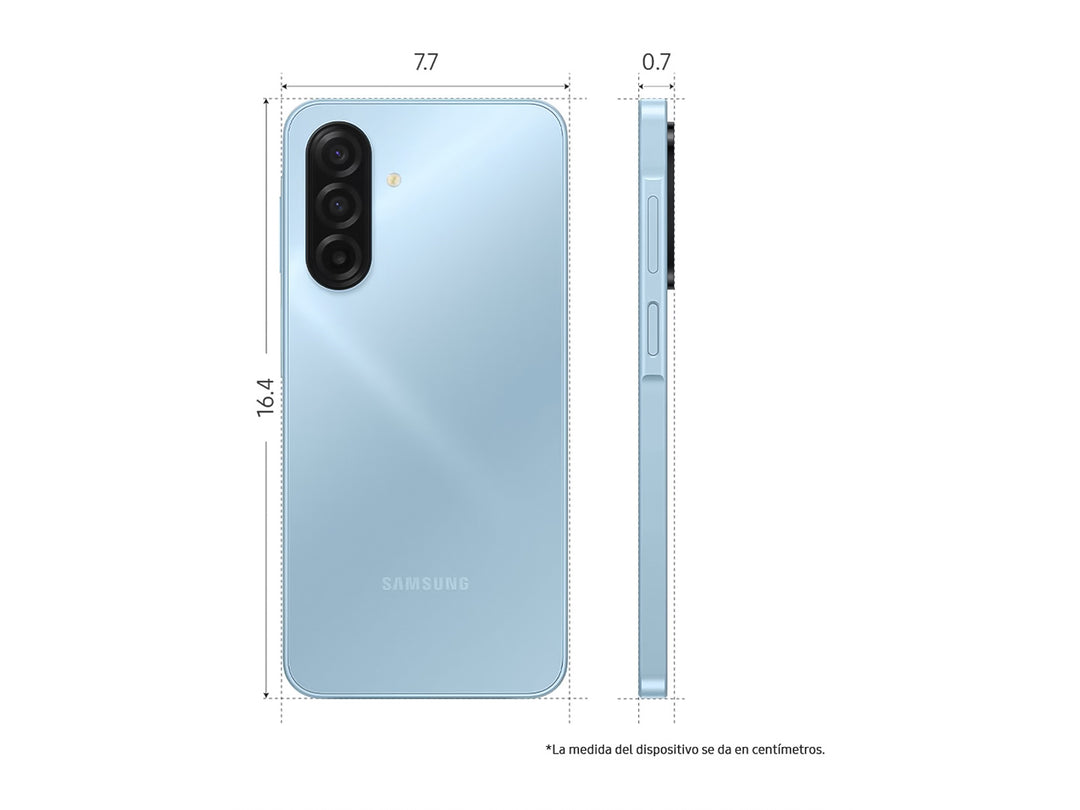 Vista posterior de un celular Samsung Galaxy A27 en color azul claro con módulo de triple cámara trasera.