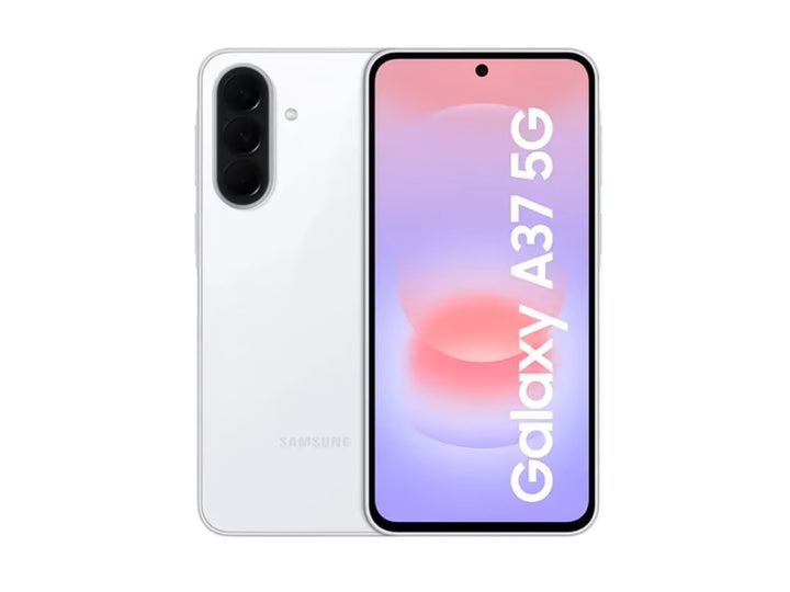 Celular Samsung Galaxy A37 color blanco, vista frontal y posterior sobre fondo blanco.
