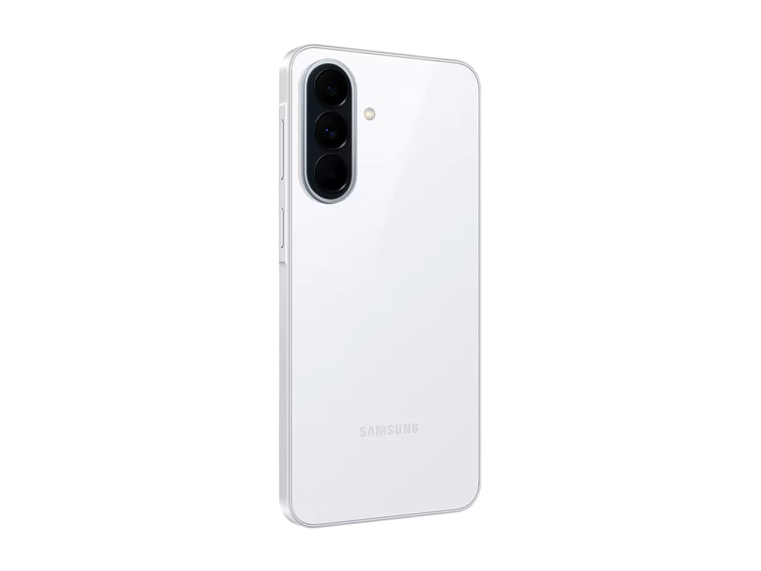 Celular Samsung Galaxy A37 color blanco, vista frontal y posterior sobre fondo blanco.