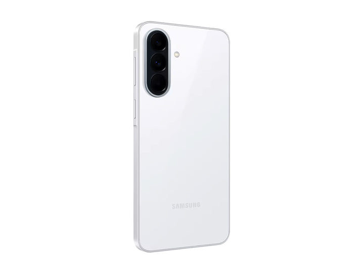 Celular Samsung Galaxy A37 color blanco, vista frontal y posterior sobre fondo blanco.