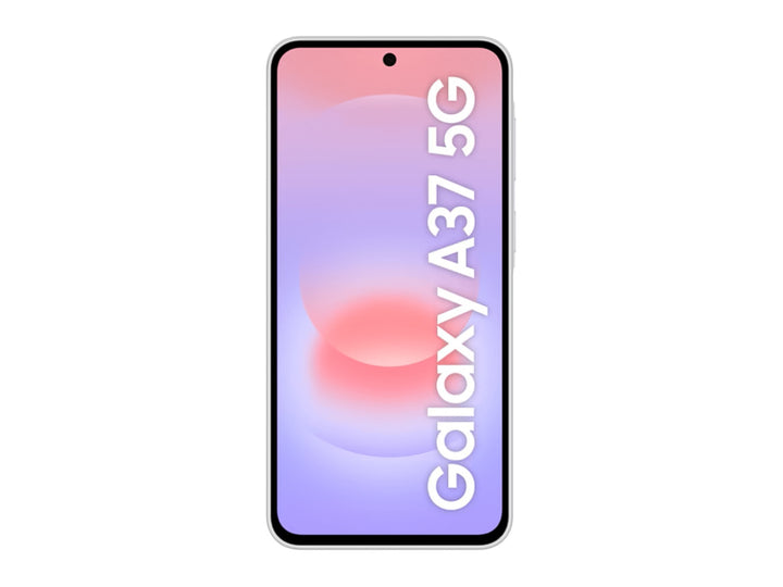 Celular Samsung Galaxy A37 color blanco, vista frontal y posterior sobre fondo blanco.