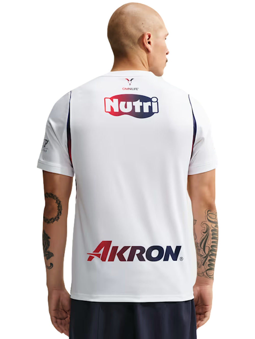Jersey de fútbol Nike blanco de manga corta con detalles en azul y rojo.