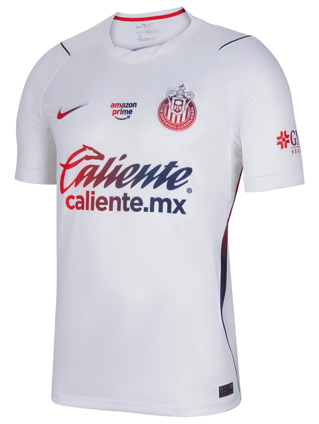 Jersey de fútbol Nike blanco de manga corta con detalles en azul y rojo.
