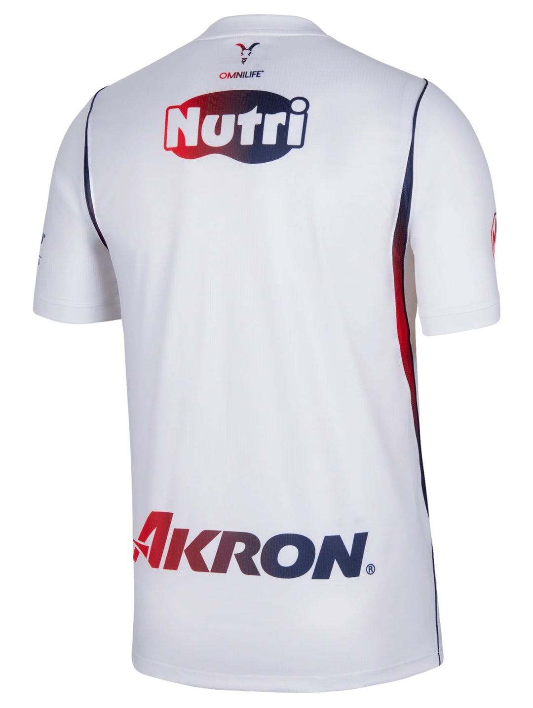 Jersey de fútbol Nike blanco de manga corta con detalles en azul y rojo.