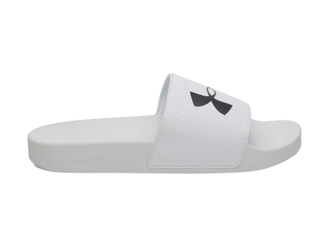 Sandalia Under Armour ARMR Slide de color blanco con logotipo negro en la correa.