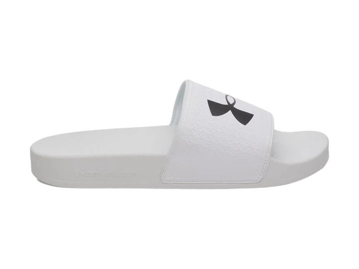Sandalia Under Armour ARMR Slide de color blanco con logotipo negro en la correa.