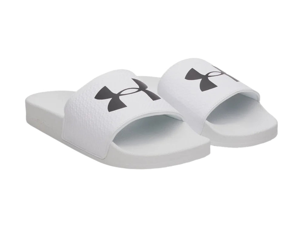 Sandalia Under Armour ARMR Slide de color blanco con logotipo negro en la correa.