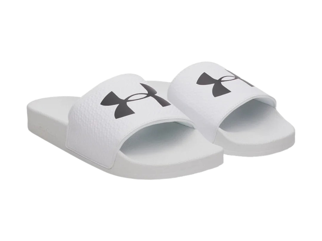 Sandalia Under Armour ARMR Slide de color blanco con logotipo negro en la correa.