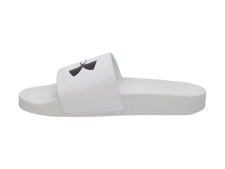 Sandalia Under Armour ARMR Slide de color blanco con logotipo negro en la correa.