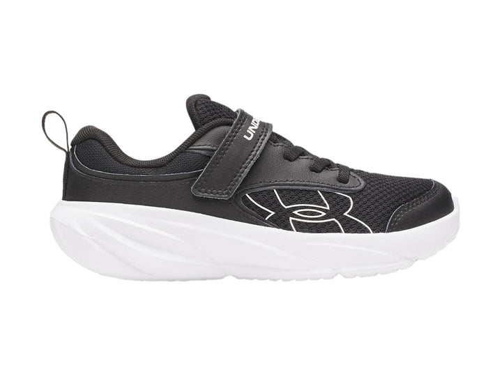Tenis deportivos Under Armour en color negro con suela blanca y ajuste de correa velcro.