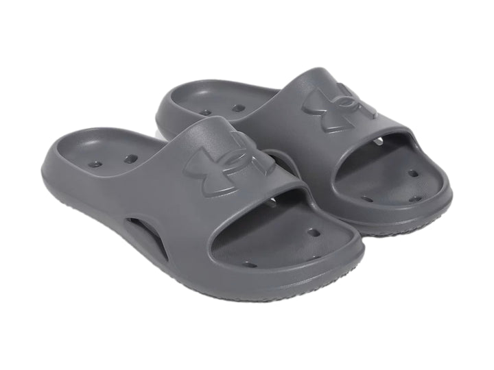 Sandalia Under Armour Locker V SL en color gris mate, vista lateral.
