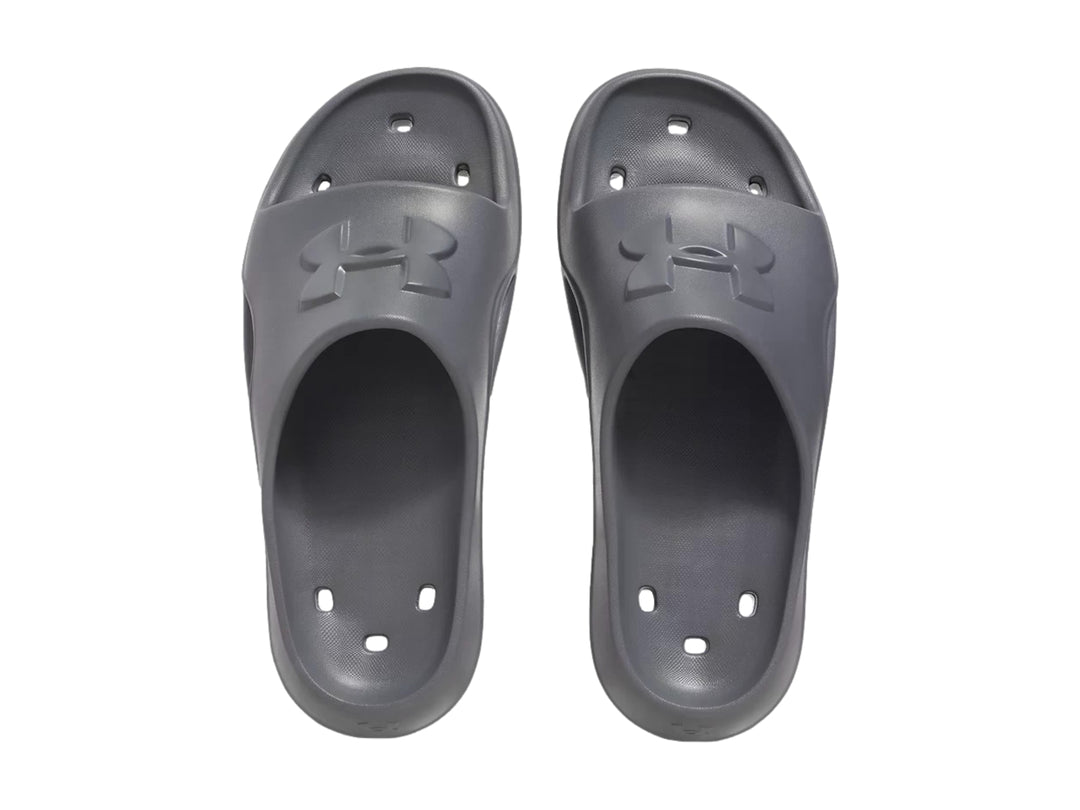 Sandalia Under Armour Locker V SL en color gris mate, vista lateral.