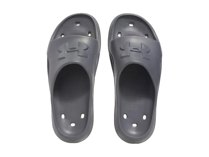 Sandalia Under Armour Locker V SL en color gris mate, vista lateral.
