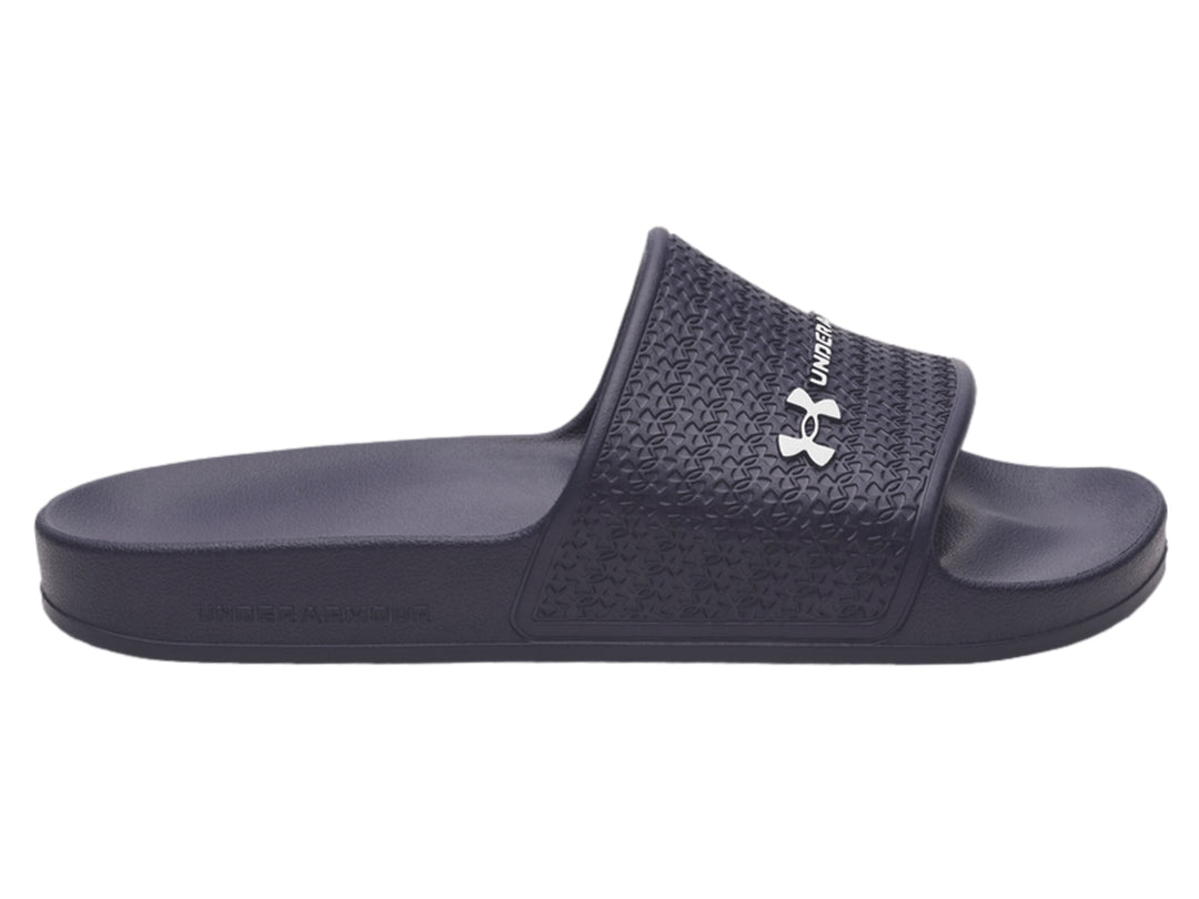 Sandalia Under Armour ARMR Slide Lite color azul oscuro con correa texturizada y logotipo blanco.