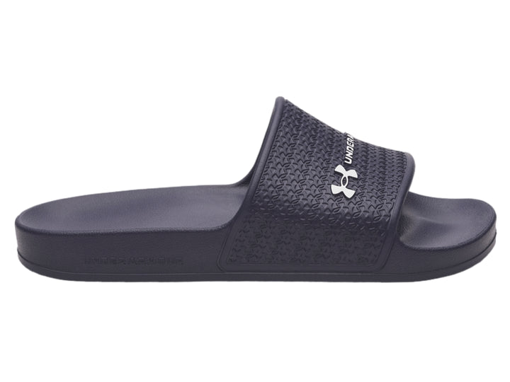 Sandalia Under Armour ARMR Slide Lite color azul oscuro con correa texturizada y logotipo blanco.