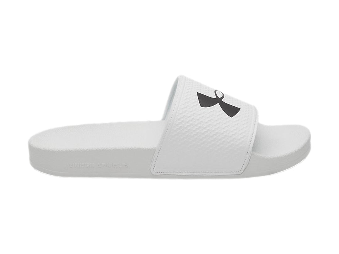 Sandalia Under Armour modelo slide en color blanco con logotipo negro en la banda superior.