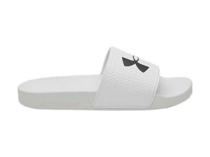 Sandalia Under Armour modelo slide en color blanco con logotipo negro en la banda superior.