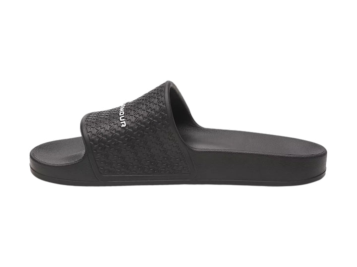 Sandalia Under Armour Slide Lite color negro con correa texturizada y logotipo blanco.