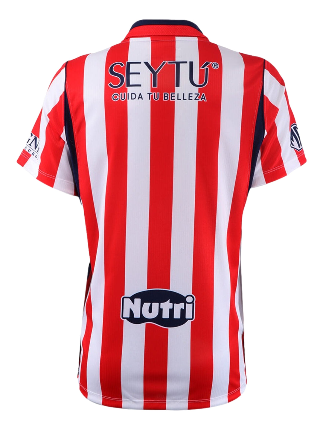 Jersey de fútbol Nike del CD Guadalajara con rayas verticales rojas y blancas y cuello azul.