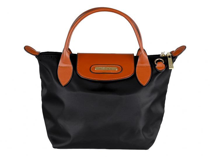 Bolsa de mano color negro con detalles y asas en color camel.