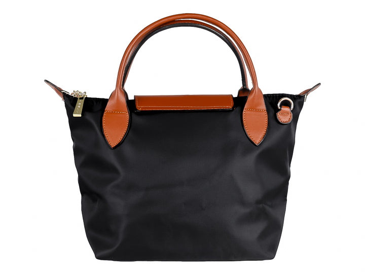 Bolsa de mano color negro con detalles y asas en color camel.