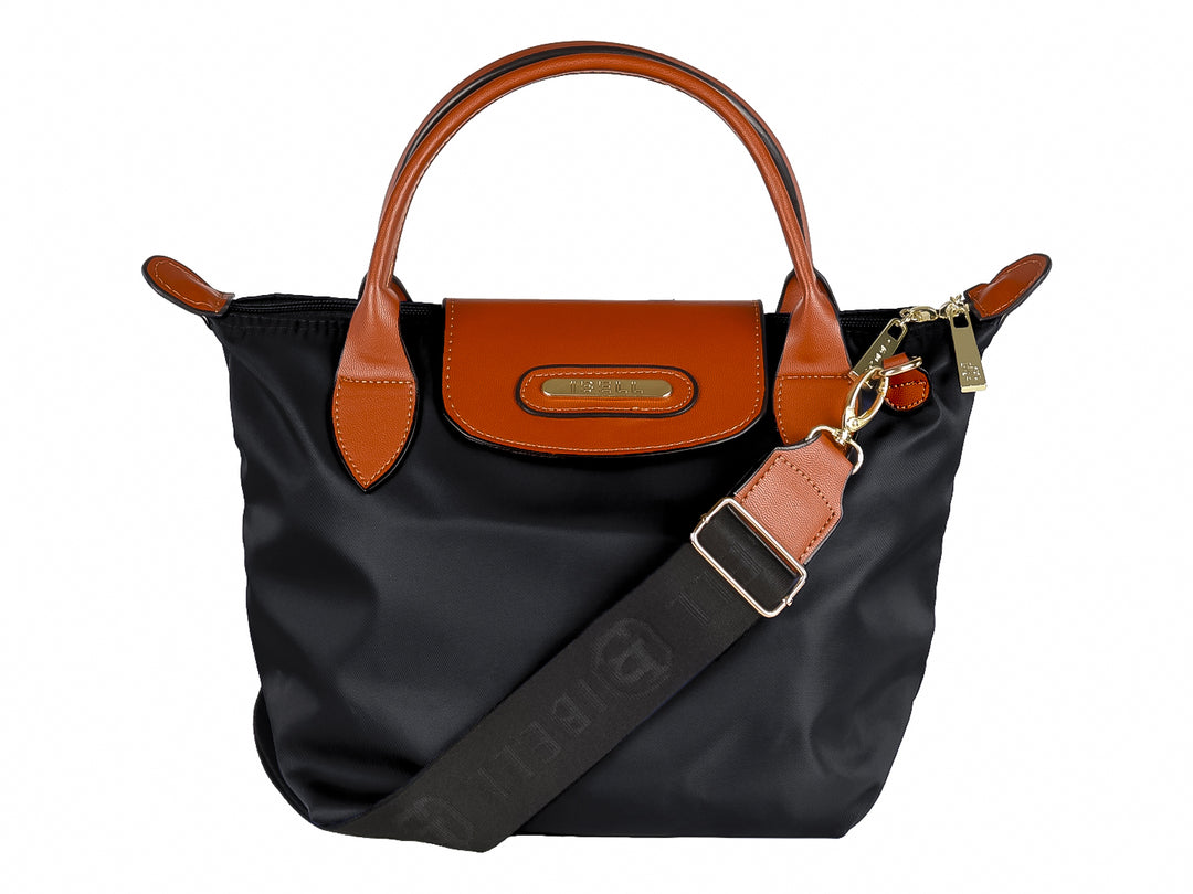 Bolsa de mano color negro con detalles y asas en color camel.