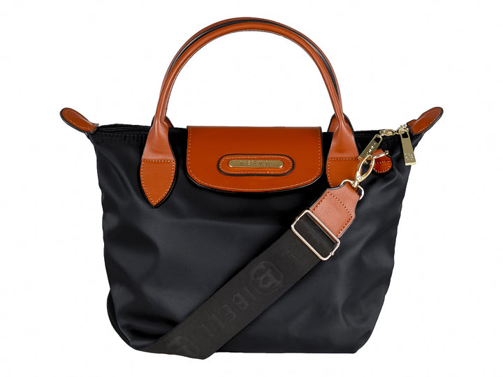 Bolsa de mano color negro con detalles y asas en color camel.