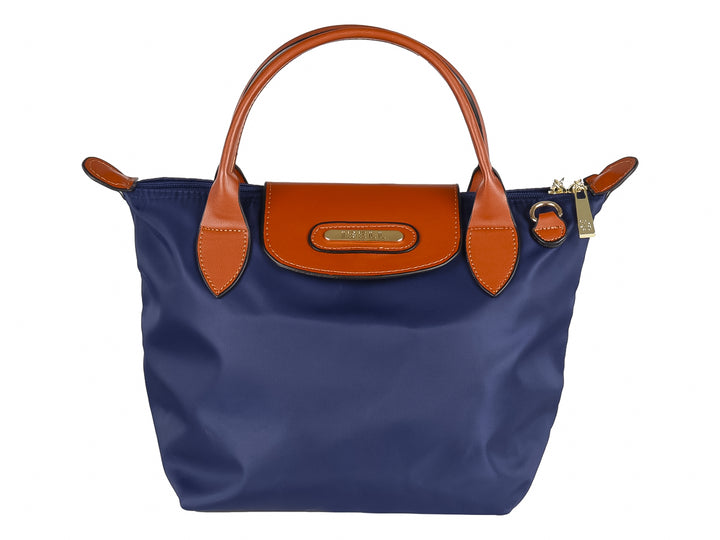 Bolso de mano color marino con detalles y asas en color tan.