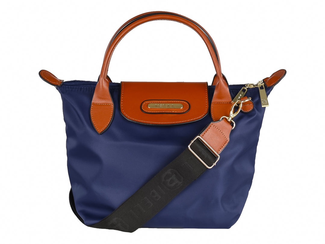 Bolso de mano color marino con detalles y asas en color tan.