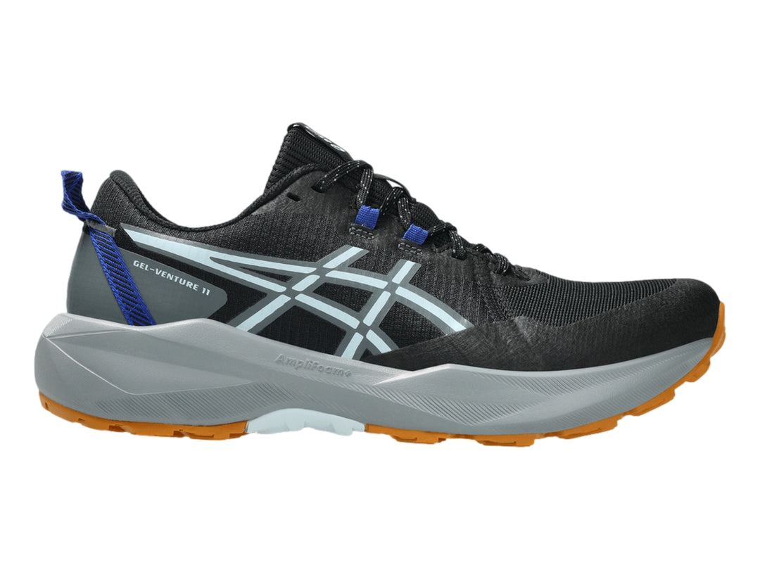 Tenis deportivos ASICS Gel-Venture 11 color negro y gris con detalles azules y suela naranja.