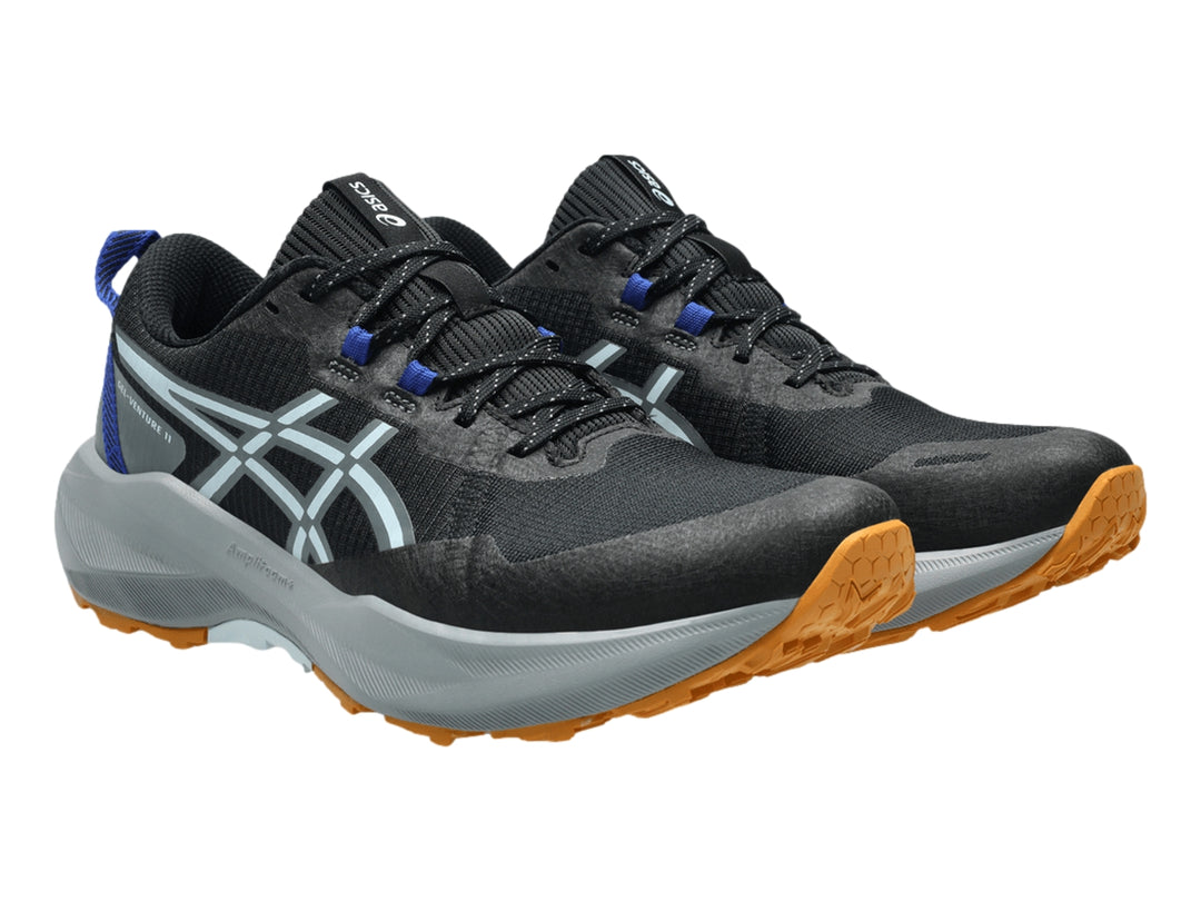Tenis deportivos ASICS Gel-Venture 11 color negro y gris con detalles azules y suela naranja.