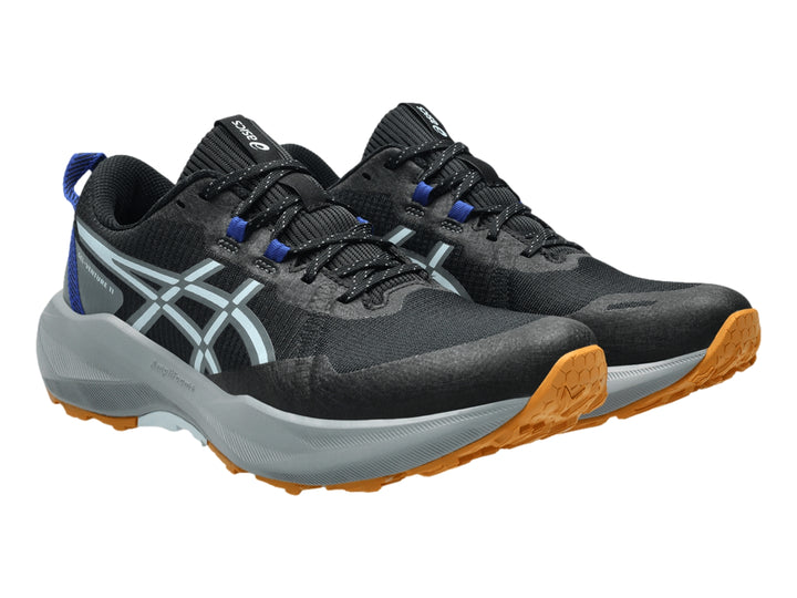 Tenis deportivos ASICS Gel-Venture 11 color negro y gris con detalles azules y suela naranja.
